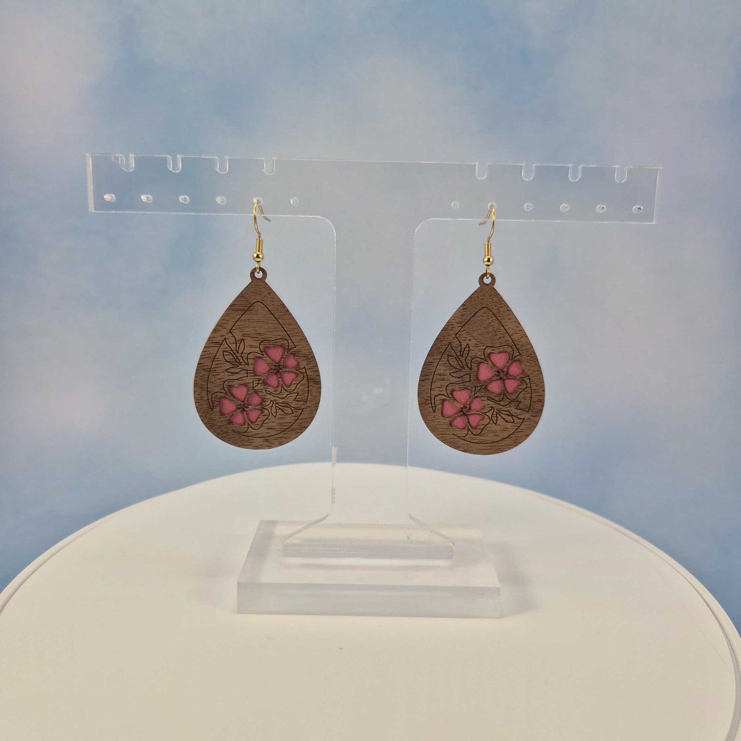Engraved Wood Veneer & Pink Leatherette Floral Teardrop Earrings