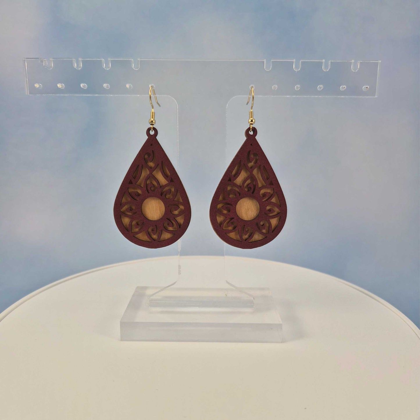Mandala Maroon Leatherette and Cherry Wood Veneer Teardrop Earrings