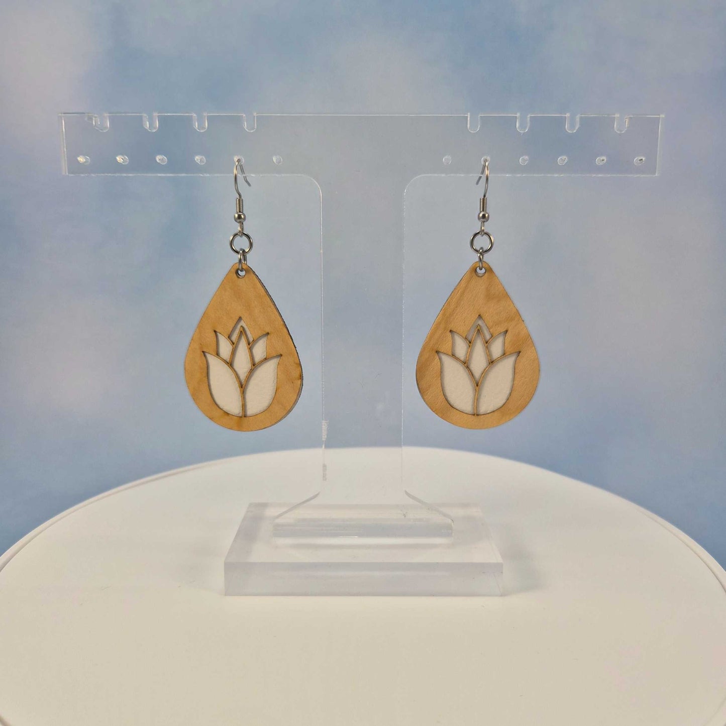 Lotus Flower Maple Wood Veneer & White Leatherette Earrings