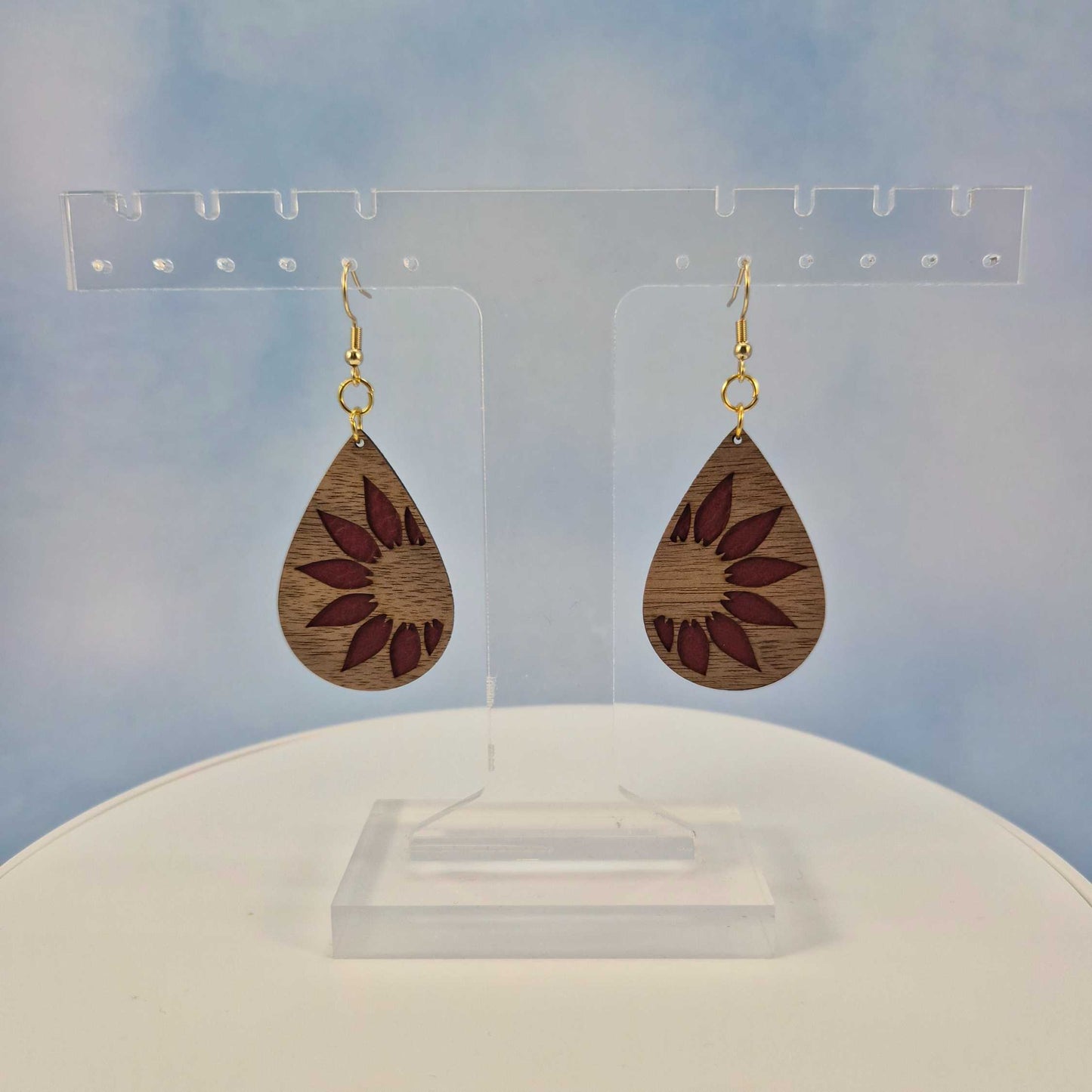 Sunflower Wood and Maroon Leatherette Dangle Earrings - Side View