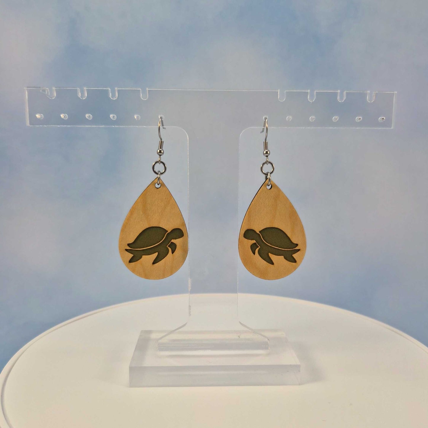 Turtle Side View Maple Wood Veneer & Olive Green Leatherette Earrings