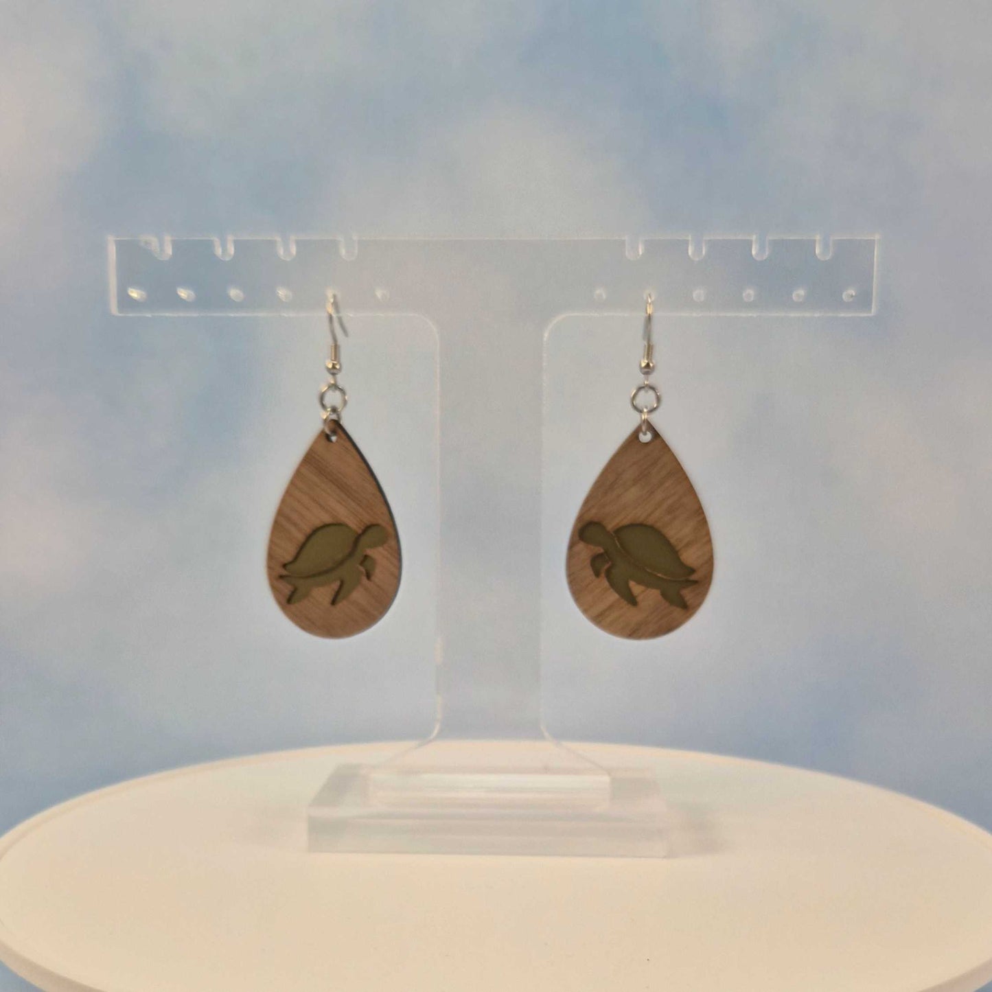 Turtle Side View Walnut Wood Veneer & Olive Green Leatherette Earrings