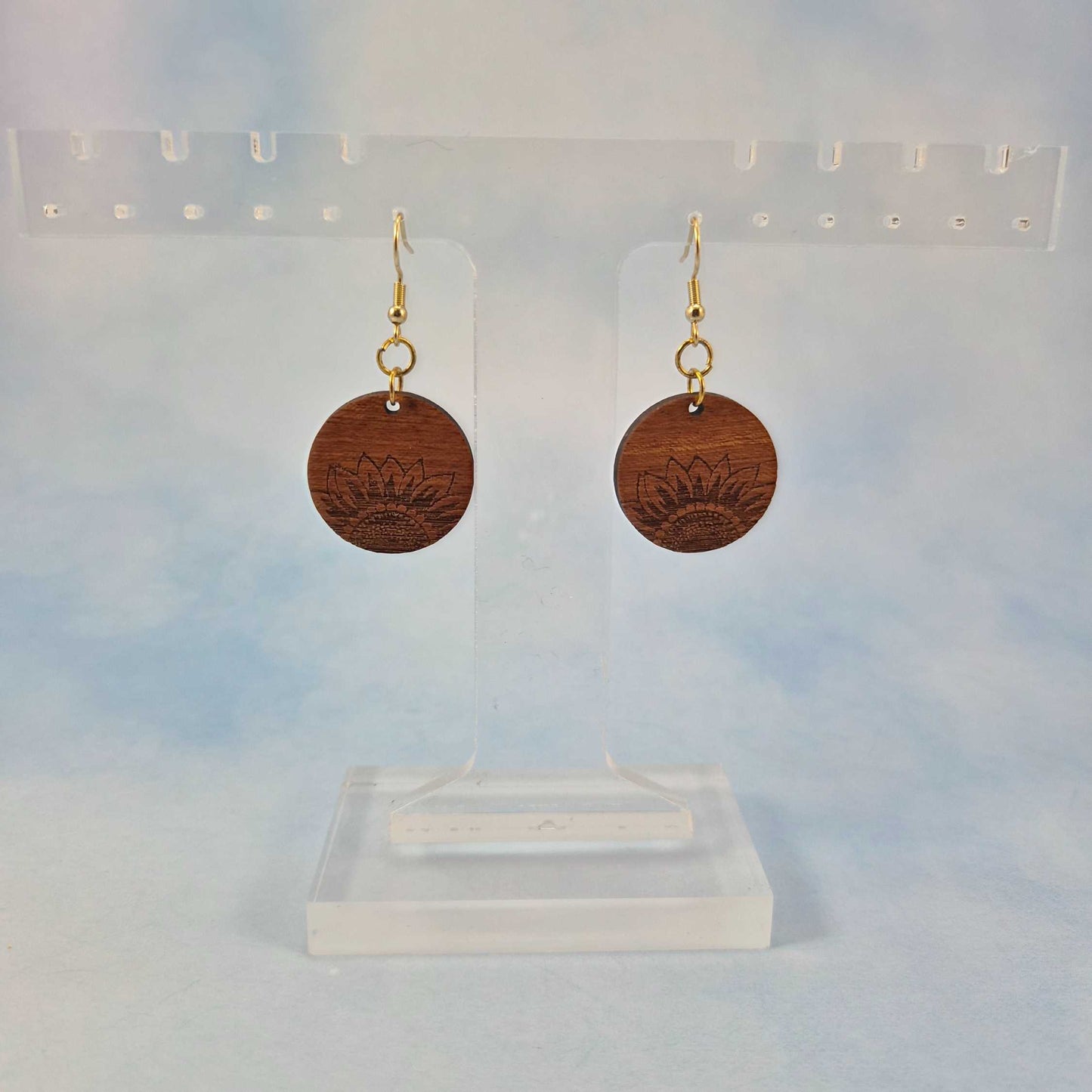 Small Round Sunflower Engraved Wood Earrings