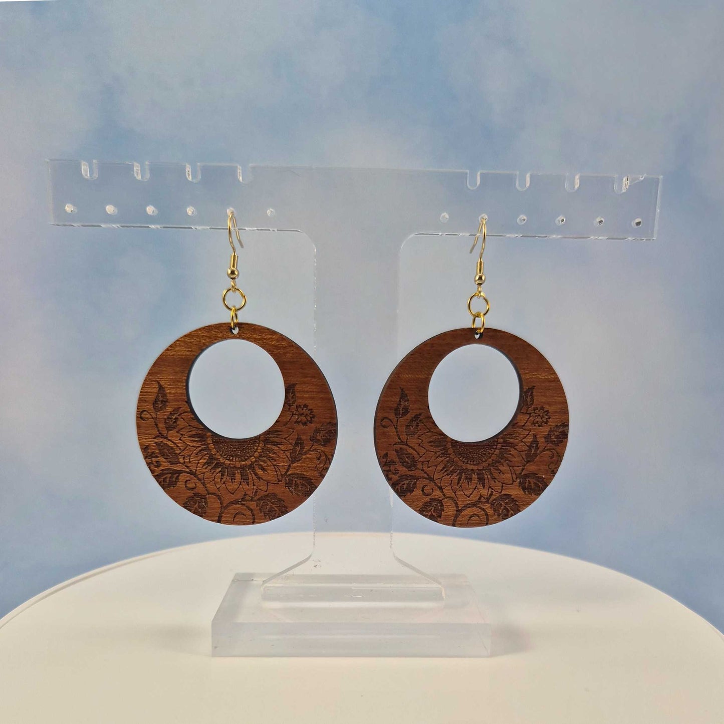 Large Round Wood Sunflower Circle Cutout Earrings