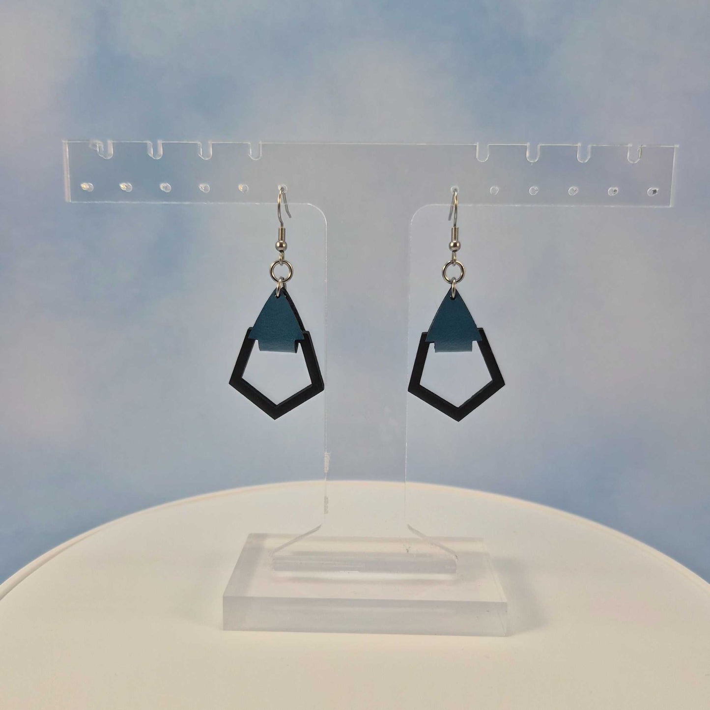 Small Polygon Black Painted Wood and Blue Leatherette Dangle Earring