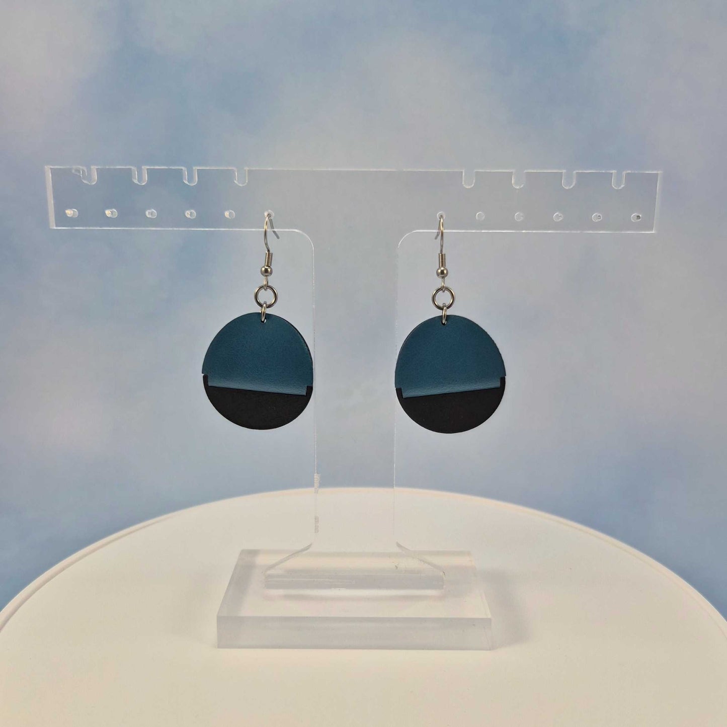 Round Solid Black Painted Wood and Blue Leatherette Dangle Earring
