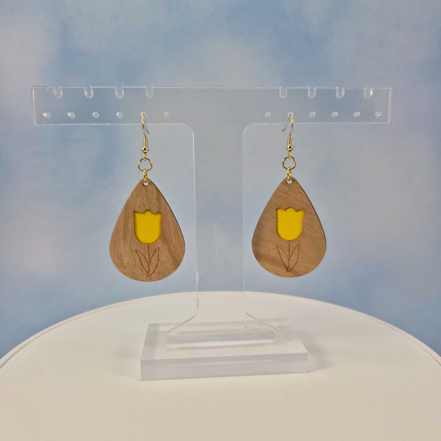 Tulip Flower Cherry Wood Veneer & Yellow Leatherette Earrings