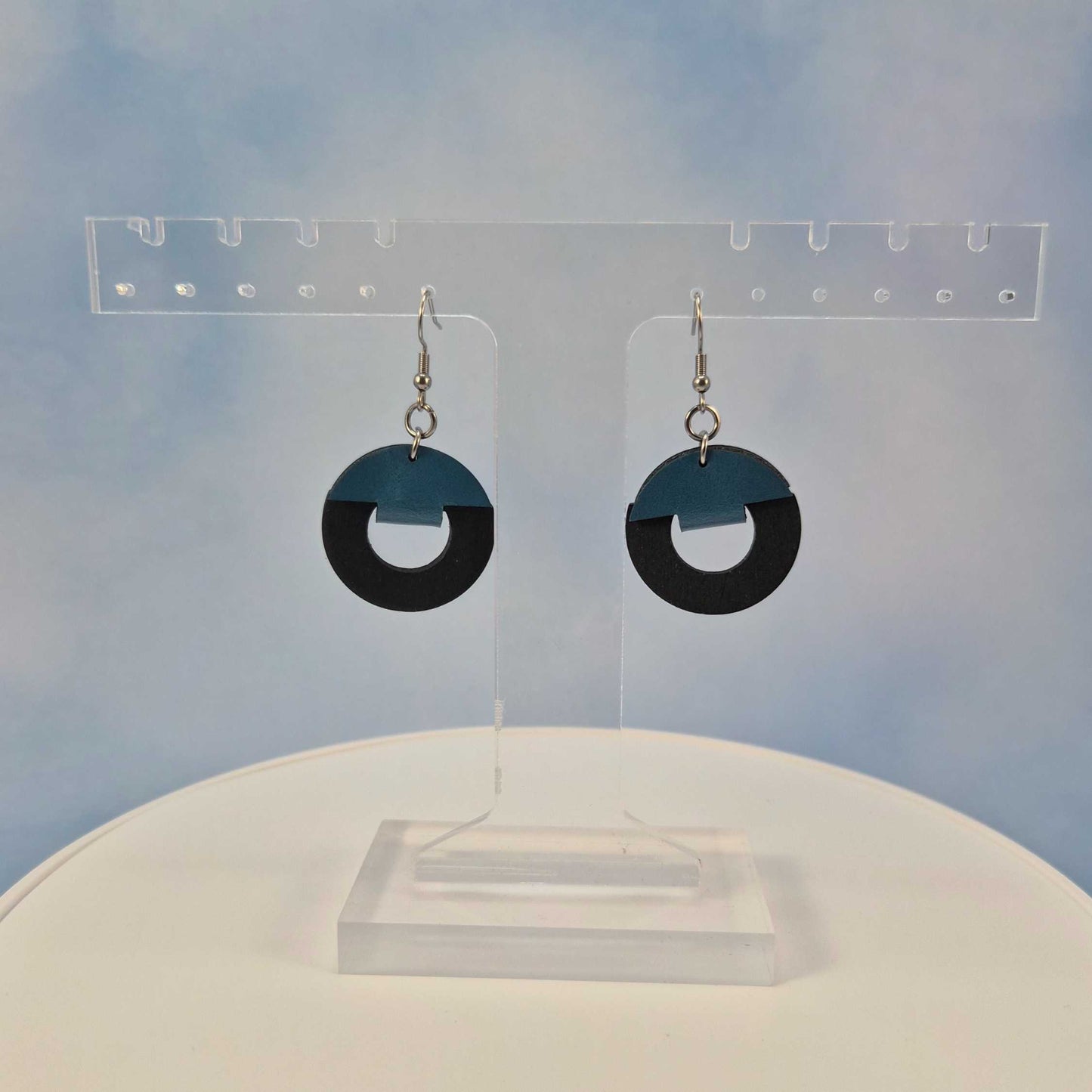 Round Circle Cutout Black Painted Wood and Blue Leatherette Dangle Earring