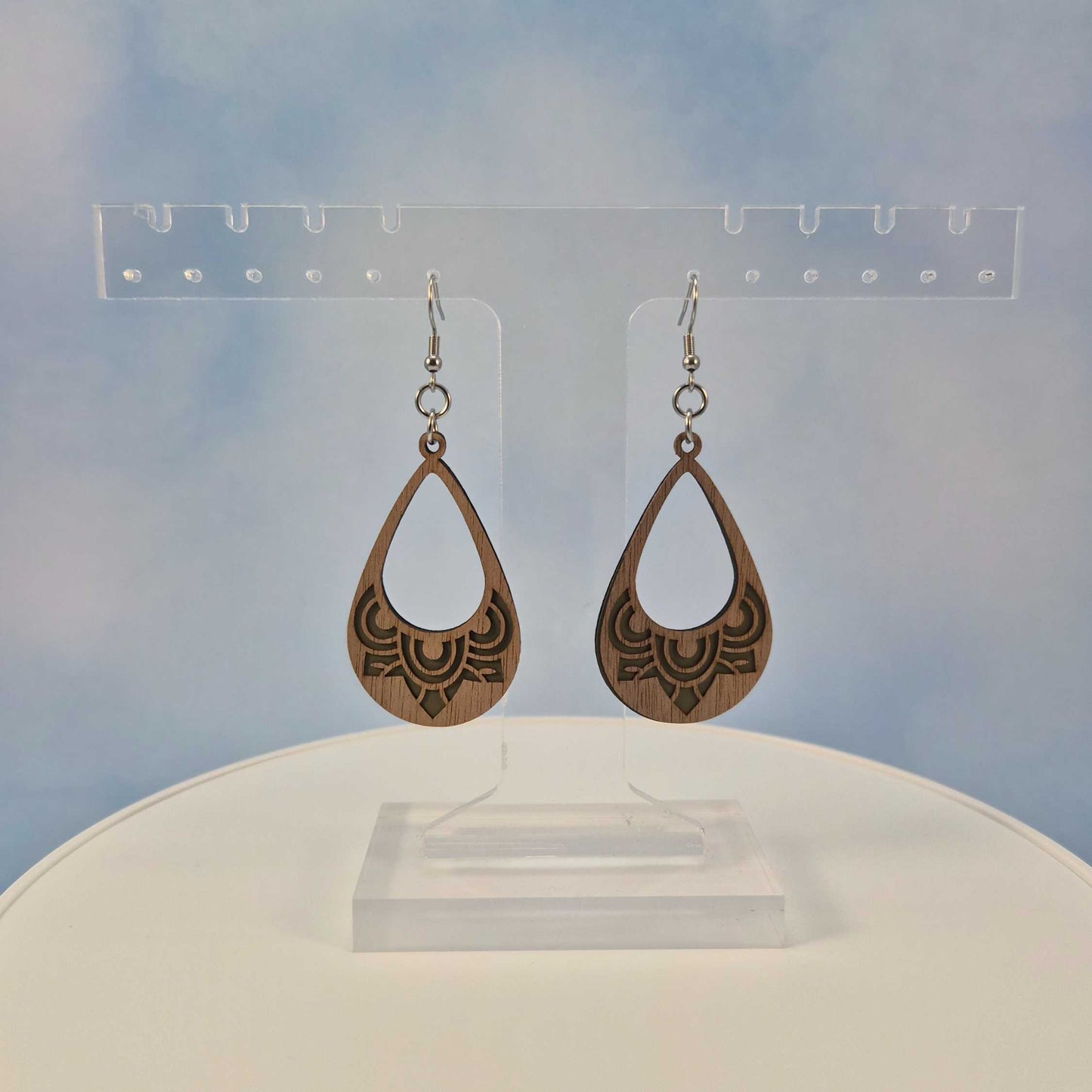 Mandala Cutout Walnut Wood Veneer & Olive Green Leatherette Earrings