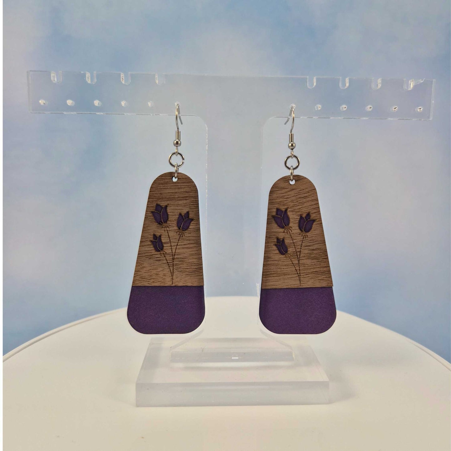 Large Purple Floral Dark Wood Veneer & Leatherette Dangle Earring