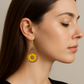 Sunflower Wood Veneer & Yellow Leatherette Dangle Earrings - Simple Front View