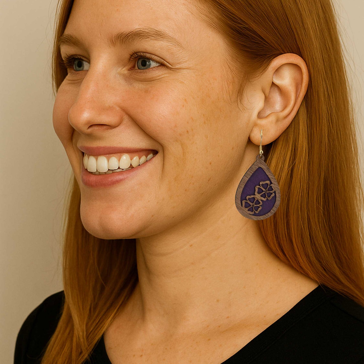 Wood Veneer & Purple Leatherette Floral Teardrop Earrings
