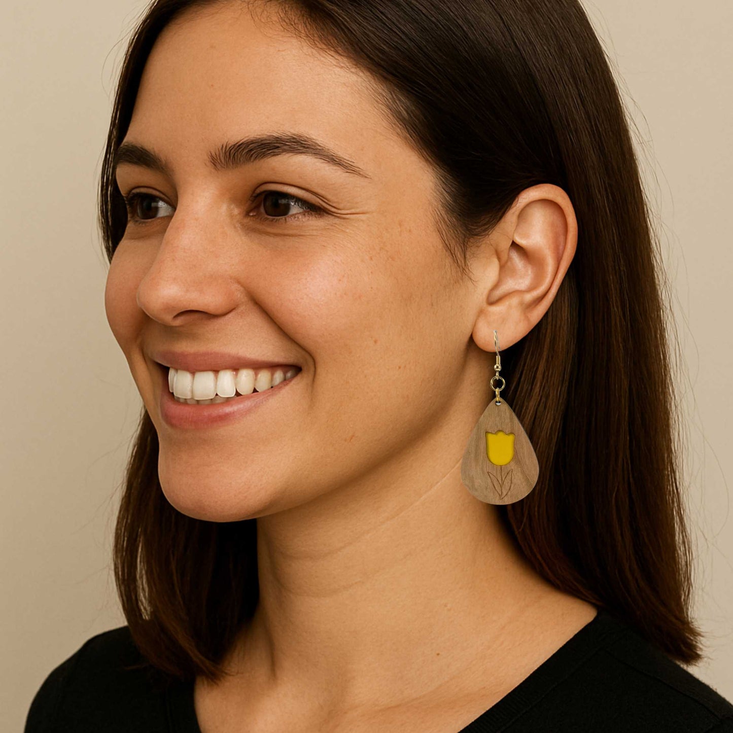 Tulip Flower Cherry Wood Veneer & Yellow Leatherette Earrings