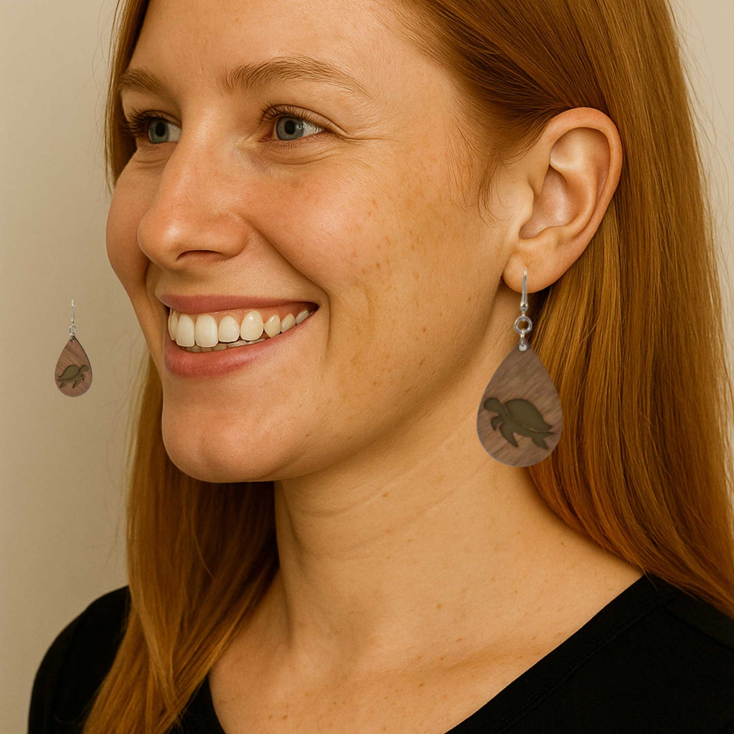 Turtle Side View Walnut Wood Veneer & Olive Green Leatherette Earrings