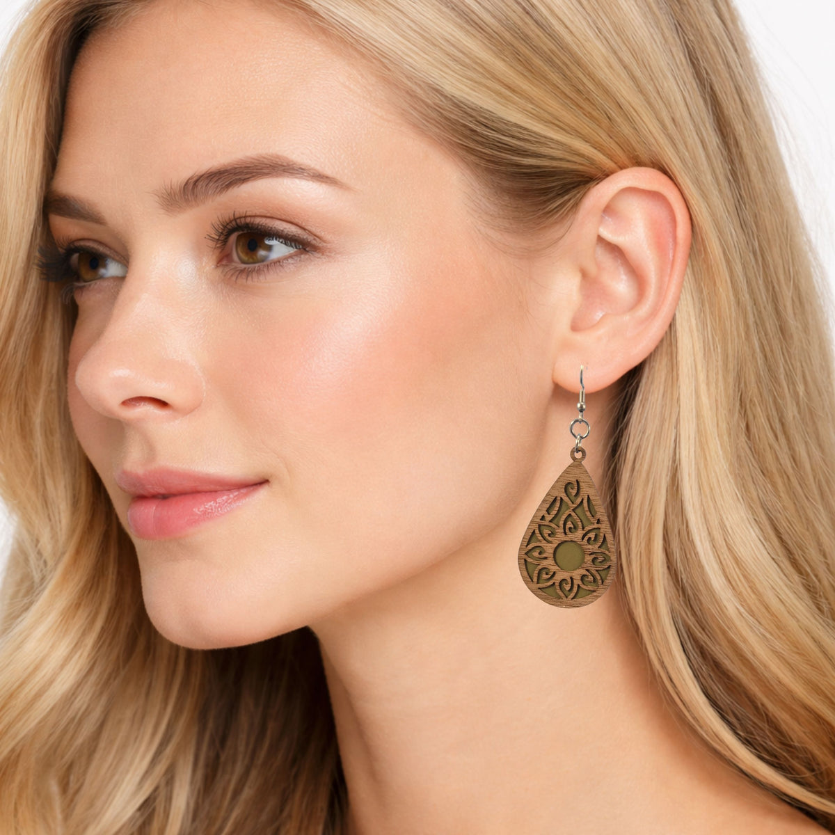 Mandala Leatherette and Walnut Wood Veneer Teardrop Earrings