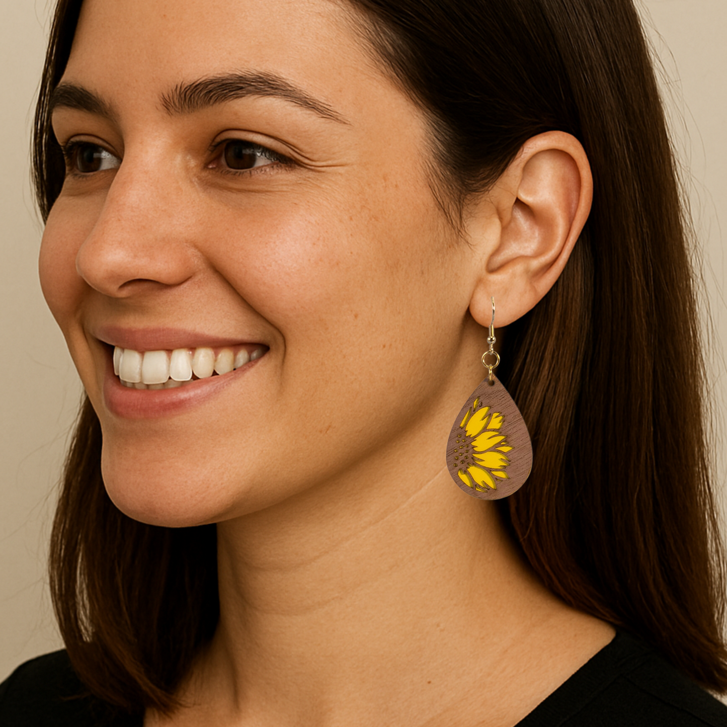 Sunflower Wood Veneer & Yellow Leatherette Dangle Earrings - Detailed Side View
