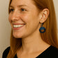 Round Circle Cutout Black Painted Wood and Blue Leatherette Dangle Earring