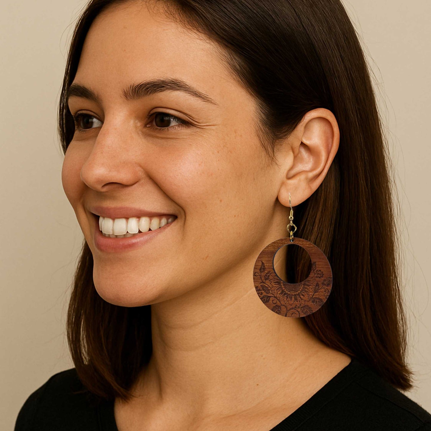 Large Round Wood Sunflower Circle Cutout Earrings