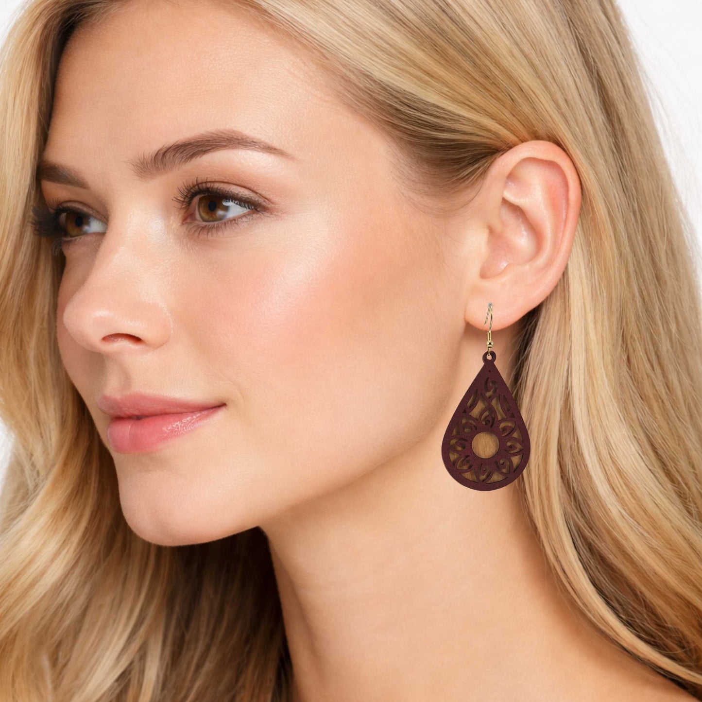 Mandala Dark Brown Leatherette Cherry Wood Veneer Teardrop Earrings