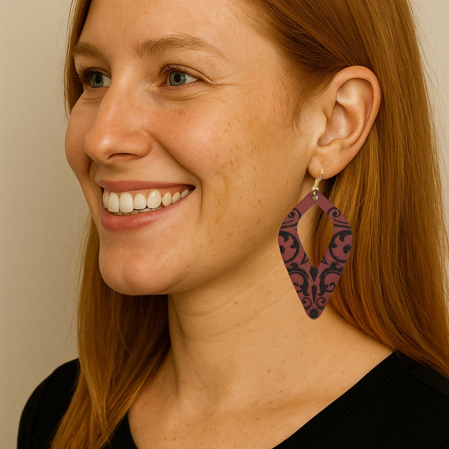 Maroon and Black Leatherette Dangle Earrings