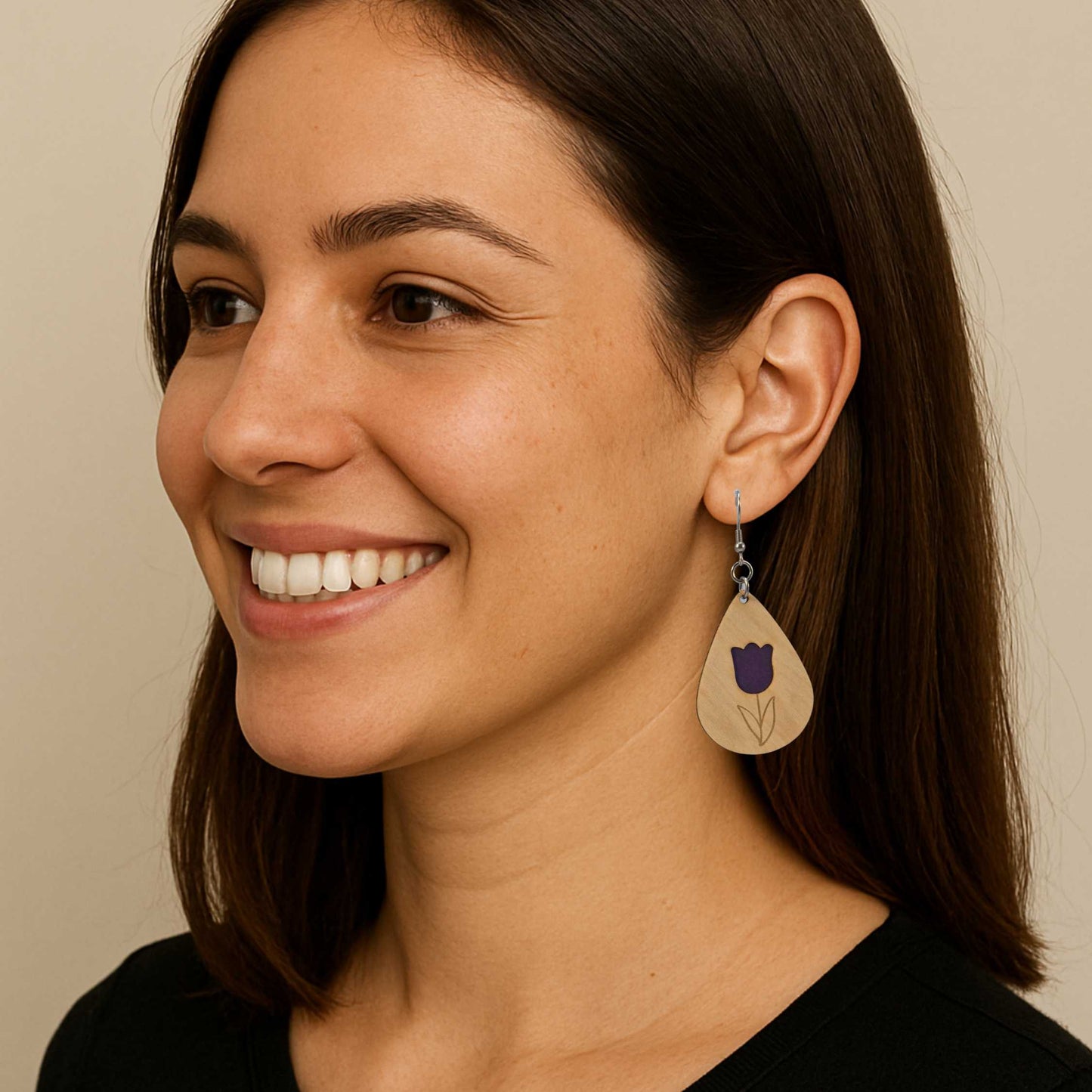 Tulip Flower Maple Wood Veneer & Purple Leatherette Earrings
