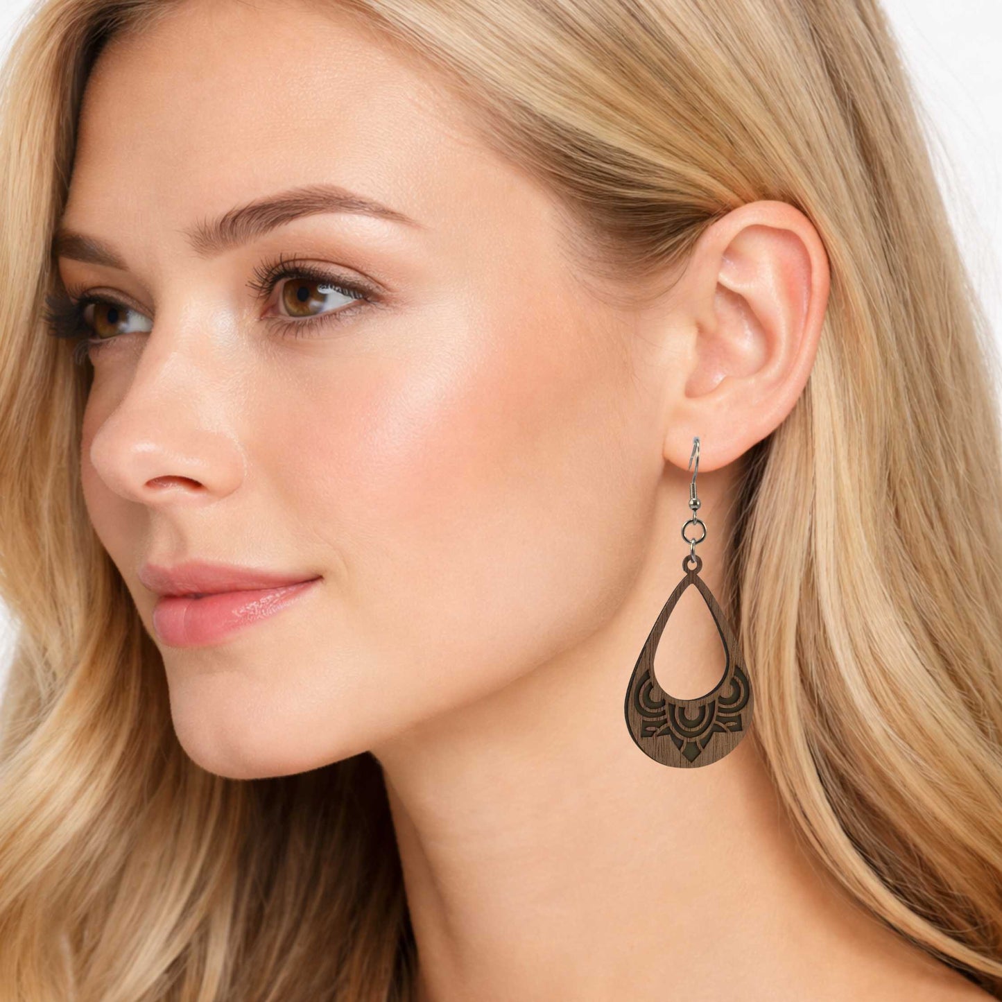 Mandala Cutout Walnut Wood Veneer & Olive Green Leatherette Earrings