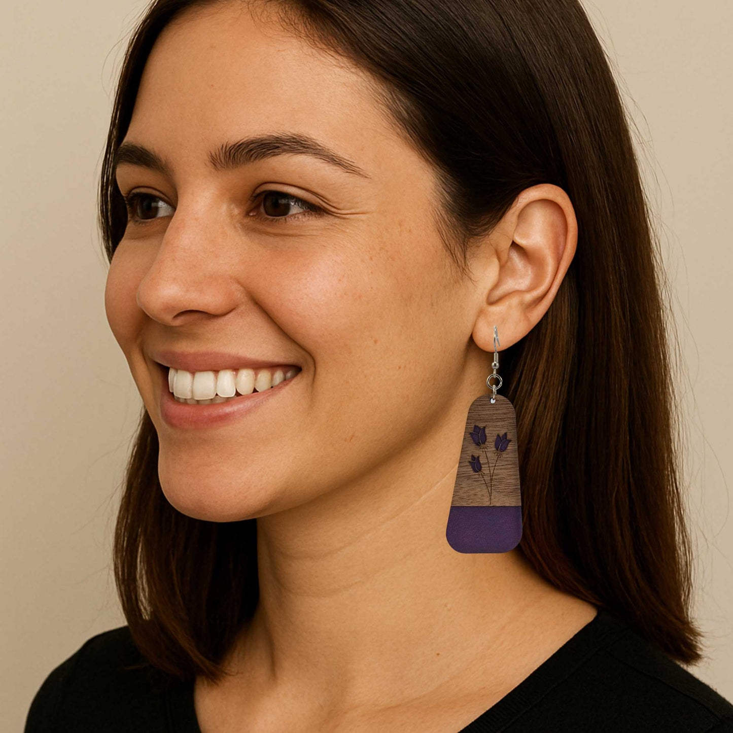 Large Purple Floral Dark Wood Veneer & Leatherette Dangle Earring