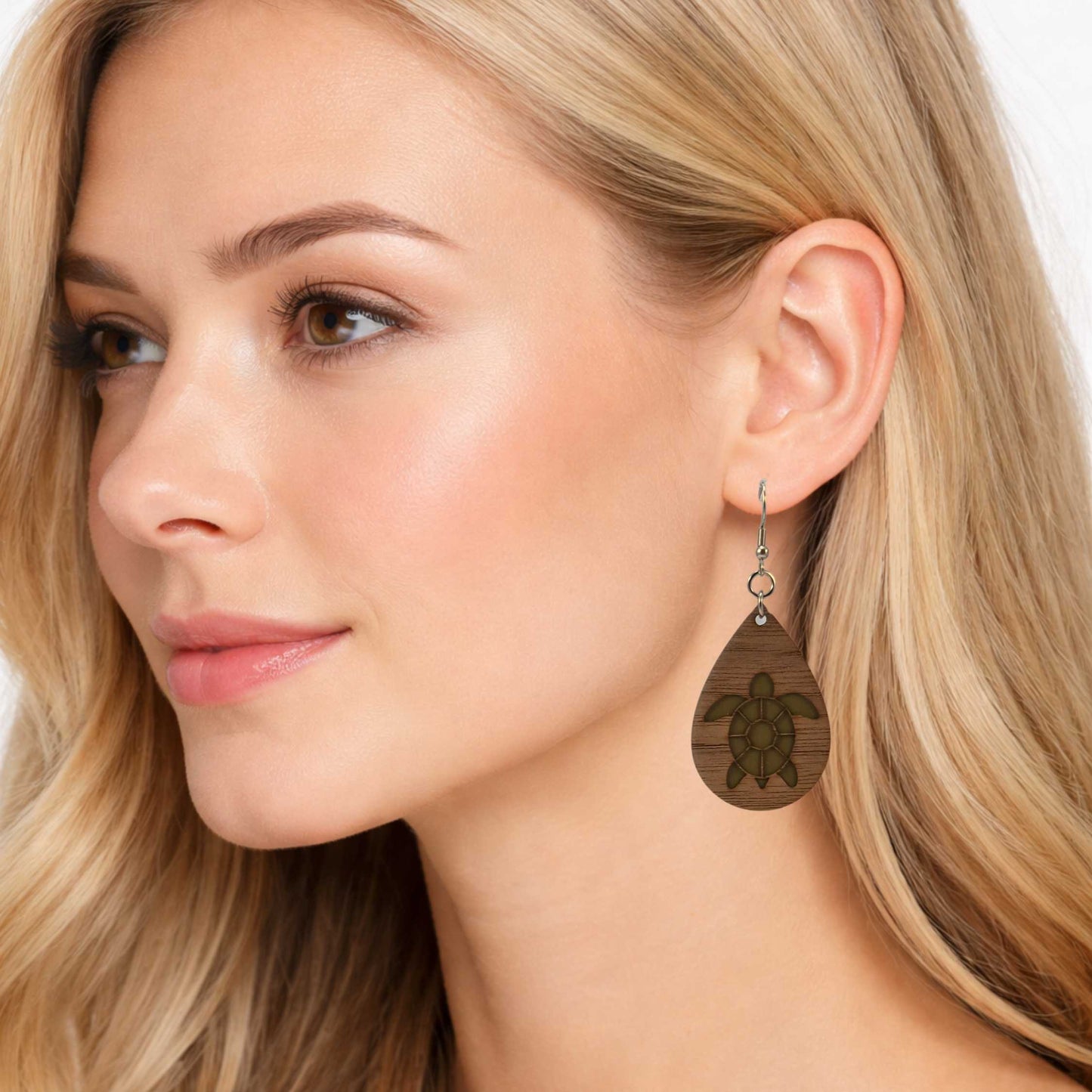 Sea Turtle Top View Walnut Wood Veneer & Olive Green Leatherette Earrings