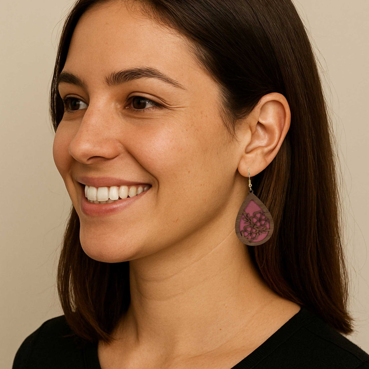 Wood Veneer & Pink Leatherette Floral Teardrop Earrings