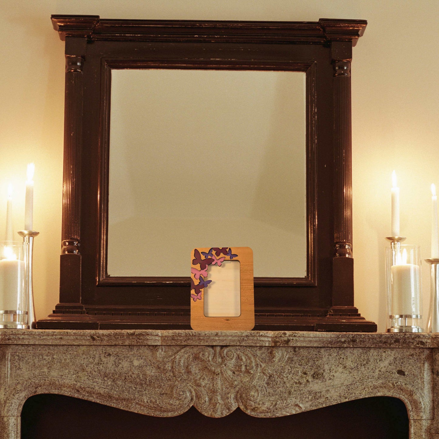 Layered Cherry Wood Picture Frame With Leatherette Butterflies Inlaid