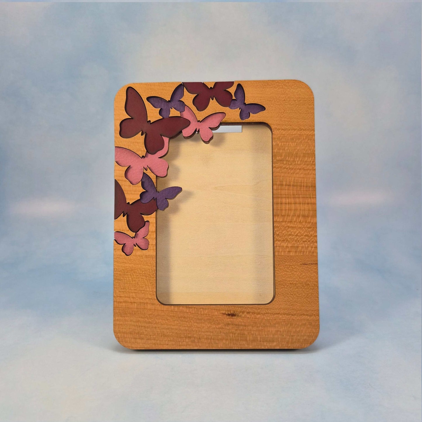Layered Cherry Wood Picture Frame With Leatherette Butterflies Inlaid