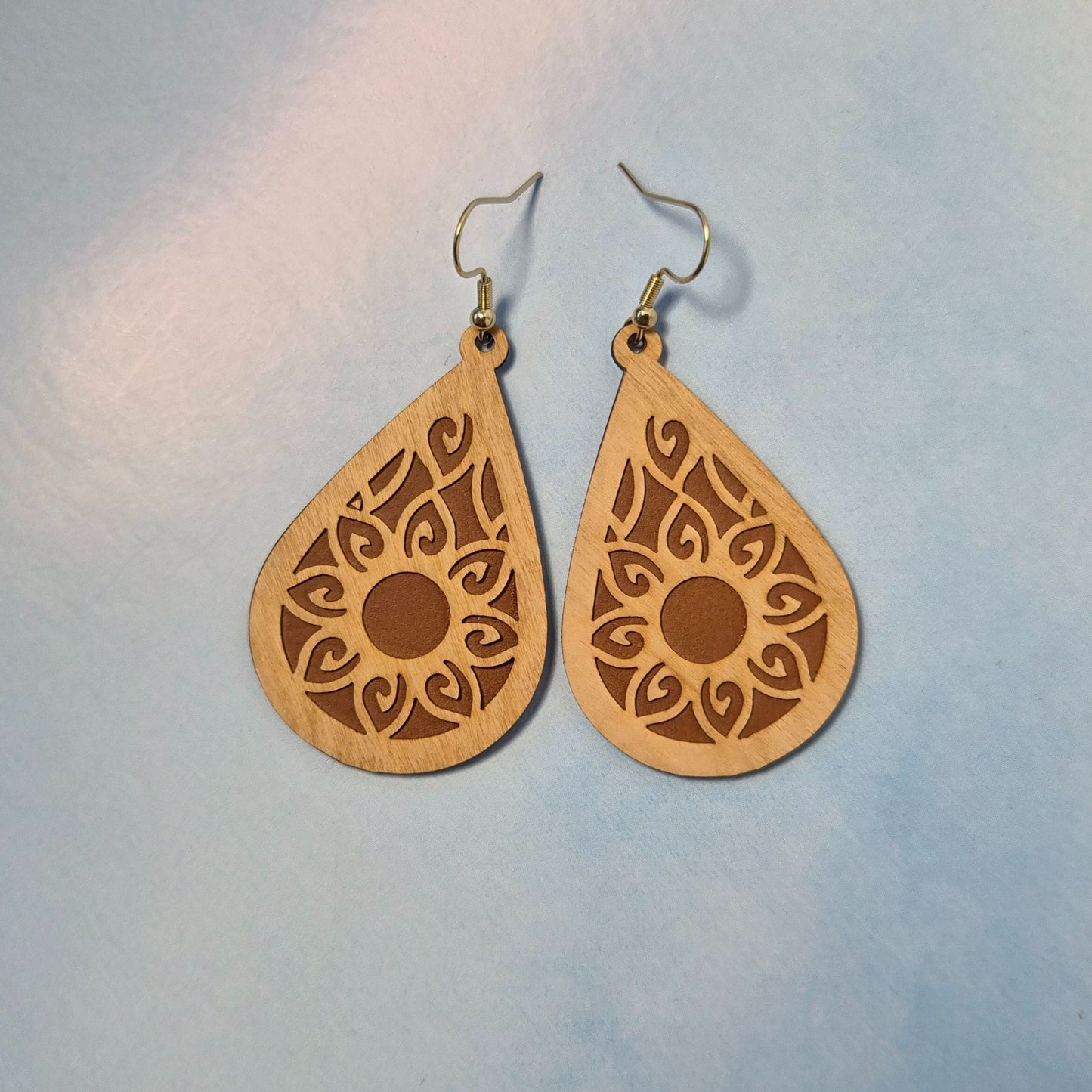 Mandala Light Wood Veneer (top) Brown Leatherette (bottom) Teardrop Earrings