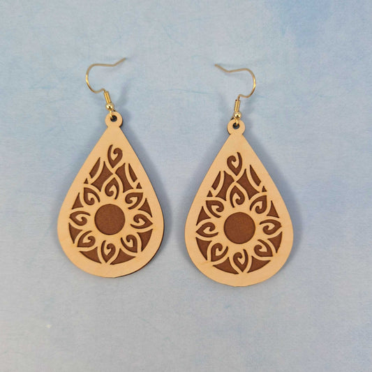 Mandala Maple Wood Veneer and Brown Leatherette Teardrop Earrings