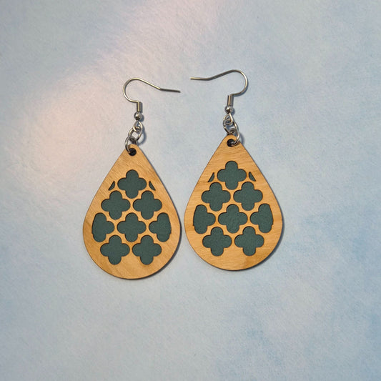 Geometric Wood Veneer & Leatherette Earrings, Light Brown and Blue Teardrop Dangle 2 Layer