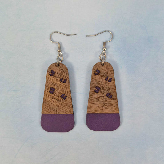 Purple Floral Dark Wood Veneer & Leatherette Dangle Earring