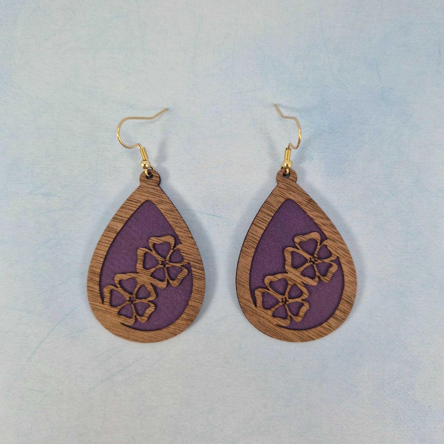 Wood Veneer & Purple Leatherette Floral Teardrop Earrings