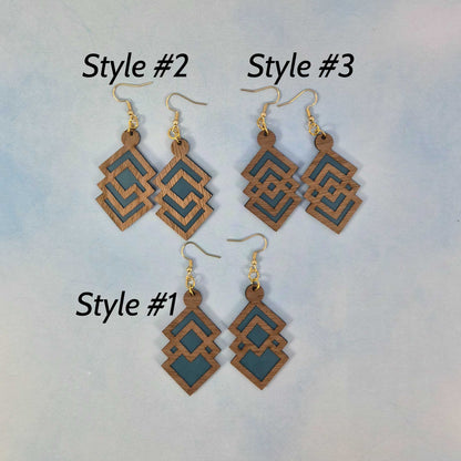 Geometric Walnut Wood Veneer & Blue Leatherette Earrings - 3 styles