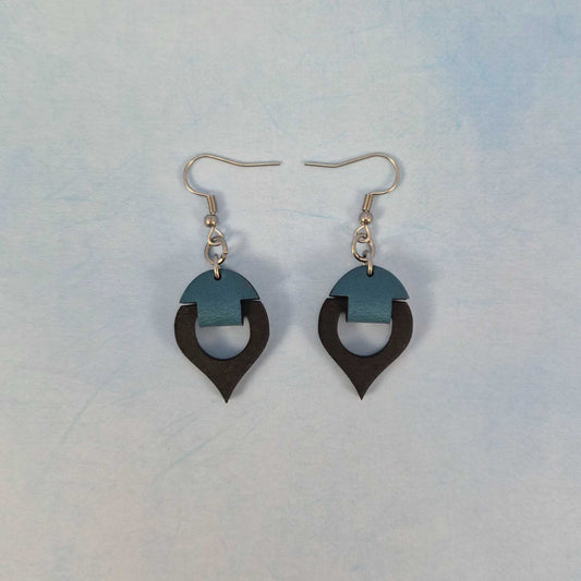 Small Pointed Black Painted Wood and Blue Leatherette Dangle Earring