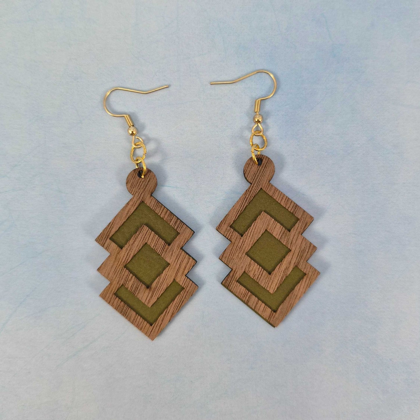 Geometric Wood Veneer & Olive Green Leatherette Earrings