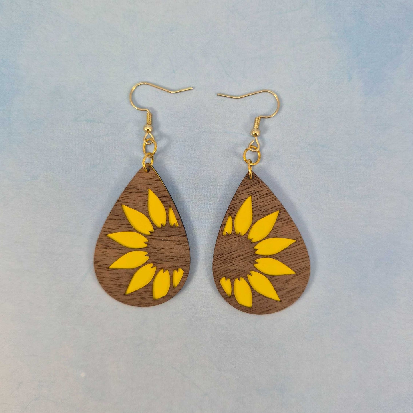 Sunflower Wood Veneer & Yellow Leatherette Dangle Earrings - Side View