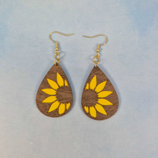 Sunflower Wood Veneer & Yellow Leatherette Dangle Earrings - Side View