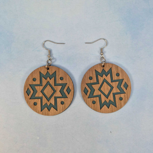 Aztec Geometric Wood Veneer & Blue Leatherette Round Earrings