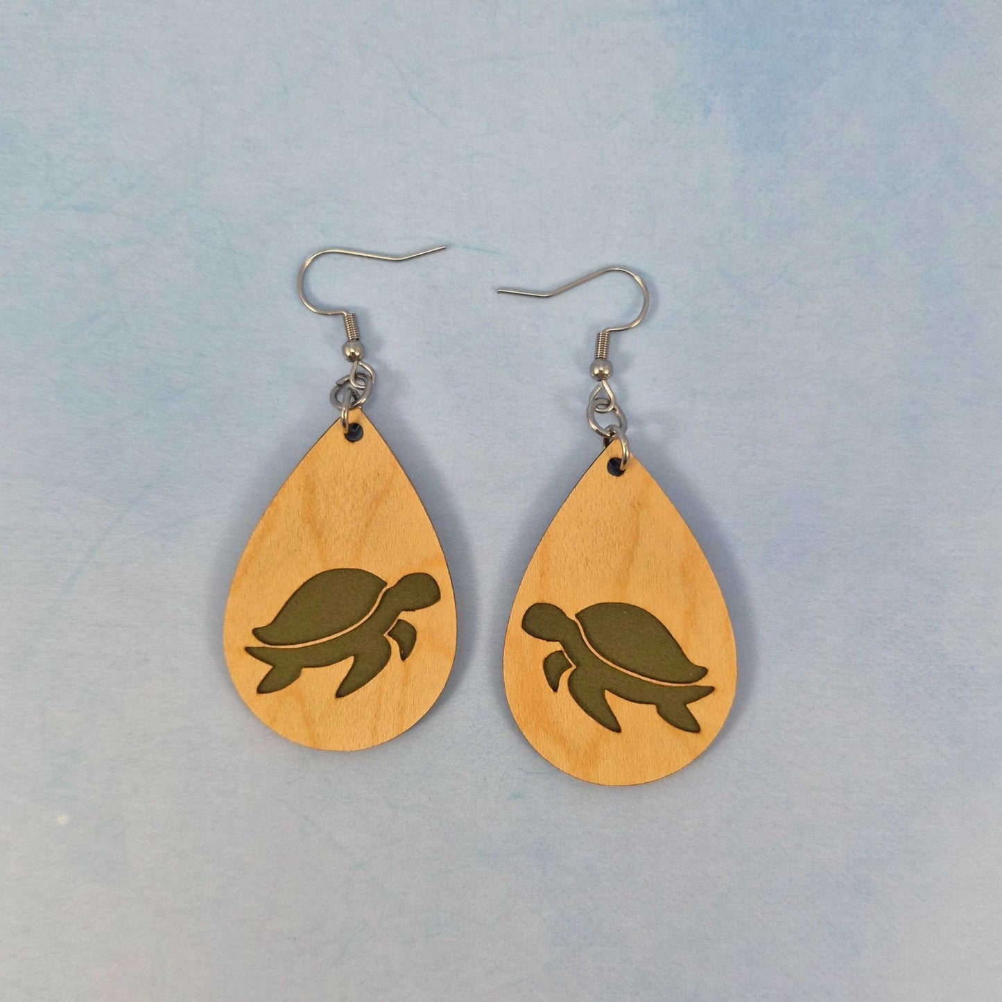 Turtle Side View Maple Wood Veneer & Olive Green Leatherette Earrings