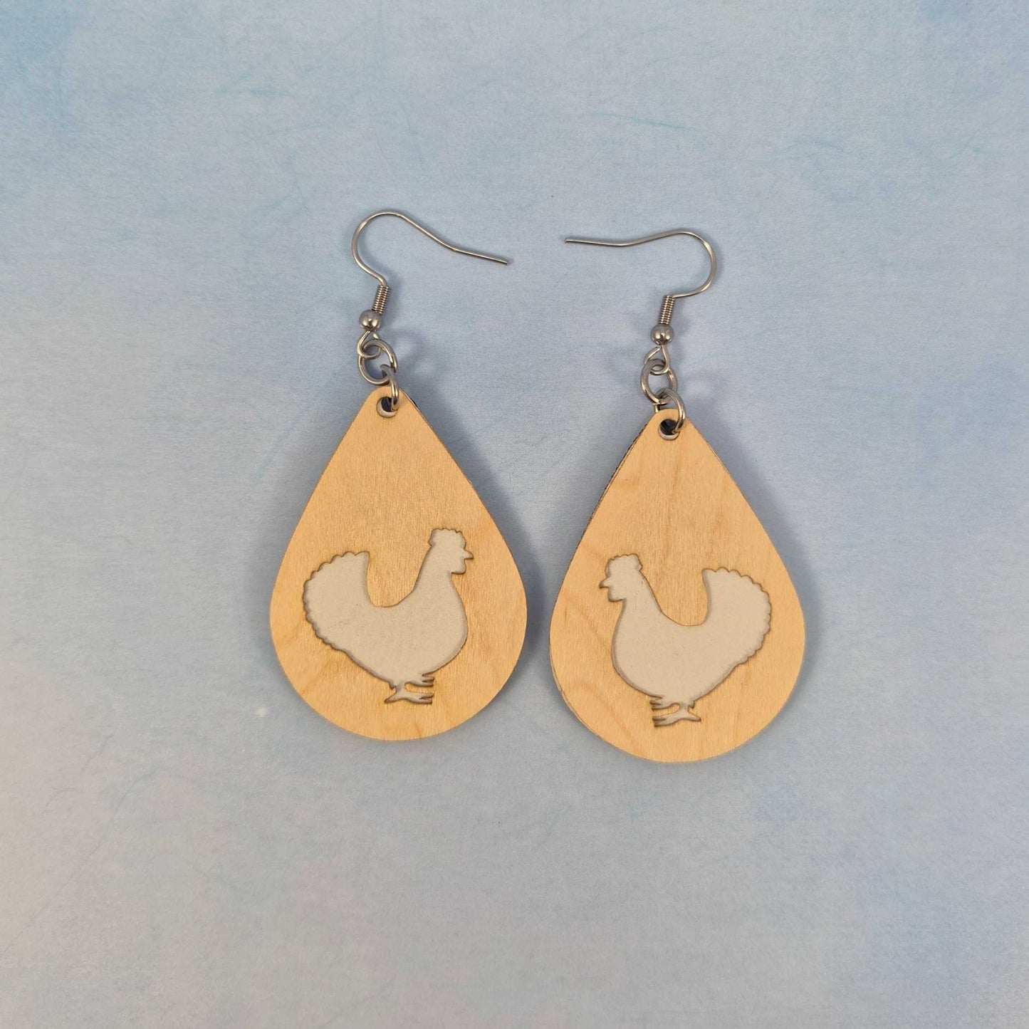 Chicken Maple Wood Veneer & White Leatherette Earrings