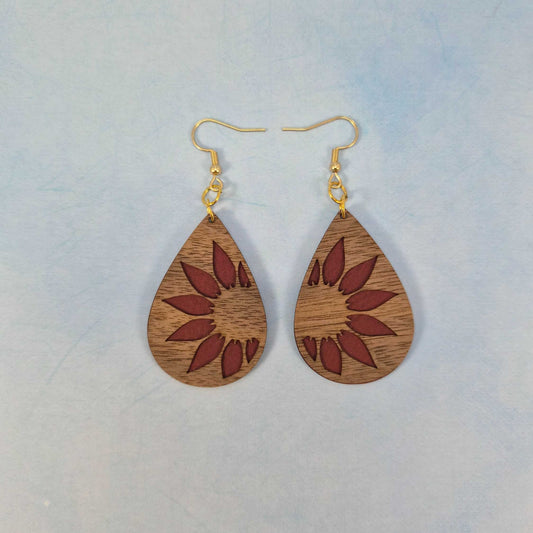 Sunflower Wood and Maroon Leatherette Dangle Earrings - Side View