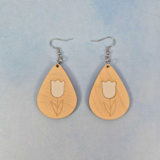 Tulip Flower Maple Wood Veneer & White Leatherette Earrings