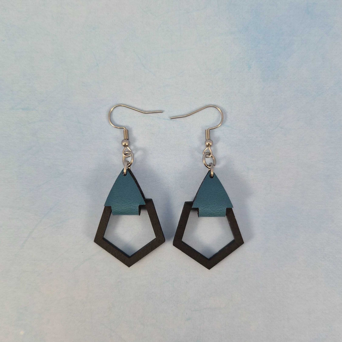 Small Polygon Black Painted Wood and Blue Leatherette Dangle Earring