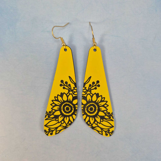 Yellow Sunflower Rounded Triangle Leatherette Dangle Earrings
