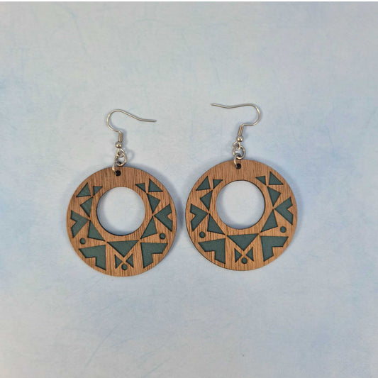 Aztec Geometric Wood Veneer & Blue Leatherette Circle Cutout Earrings