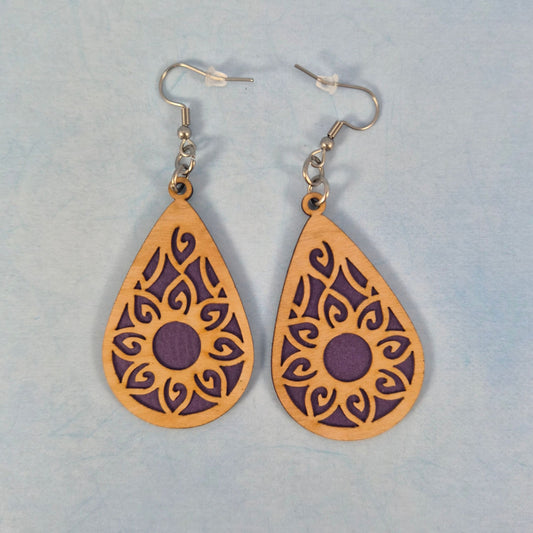 Mandala Leatherette and Cherry Wood Veneer Teardrop Earrings